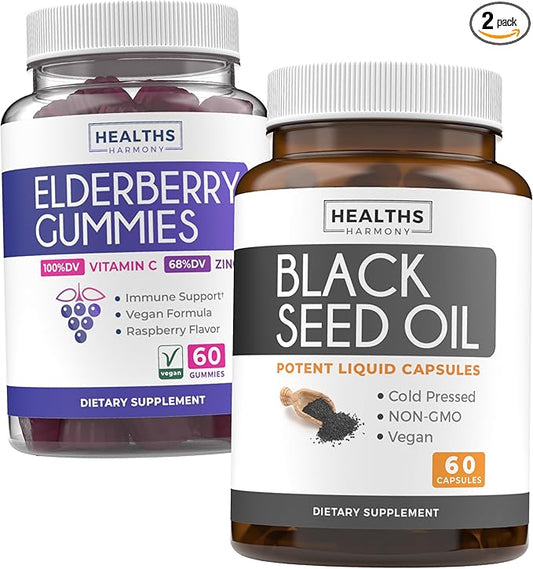 Elderberry Gummies & Black Seed Oil (1-Month Supply) Immunity Power Duo - Elderberry Gummies for Adults with Vitamin C & Zinc (60 count) & Black Seed Oil - Premium Cold-Pressed Nigellia Sativa Oil