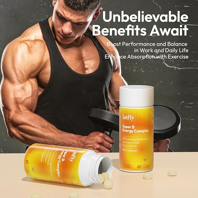 Vitamin B Complex with B1, B2, B3, B5, B6, B7, B9, B12 Taurine–Immune Support, Energy Metabolism and Nervous System – Super B Complex with Blood Orange Powder – 60 Tablets for Men & Women