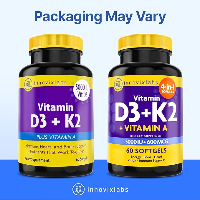 InnovixLabs Vitamin D3 K2-5000 IU Vitamin D3 Plus 600 mcg Vitamin K2 MK4 and MK7 for Max Calcium Absorption, Supports Bone, Immune, Heart Health, 3rd Party Tested, Gluten Free, 60 Softgels
