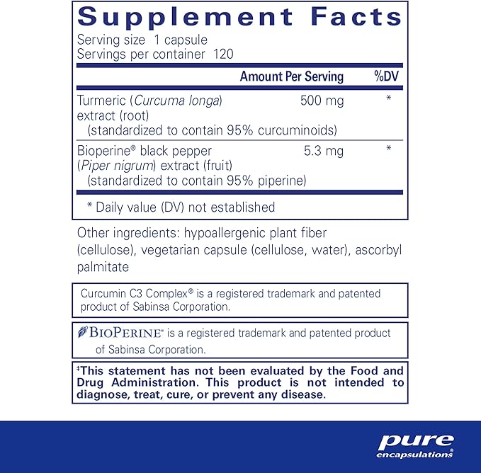 Pure Encapsulations Curcumin 500 with Bioperine - Antioxidant Supplement to Support Joints, Tissue, Liver, Colon & Cellular Health* - with Turmeric Curcumin & Bioperine - 120 Capsules