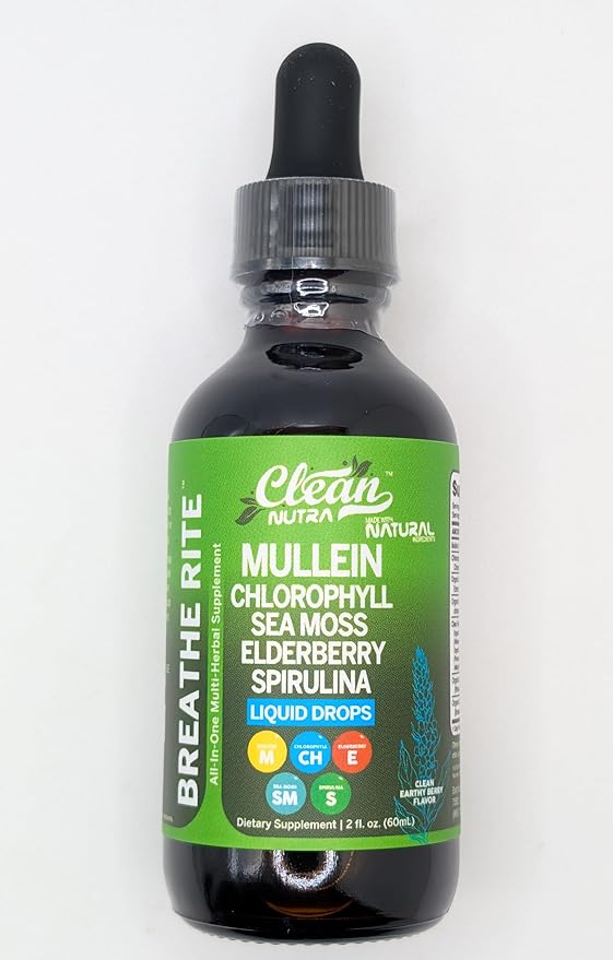Clean Nutra Mullein Drops for Lungs Organic Chlorophyll Liquid Irish Sea Moss, Spirulina, Licorice, Tart Cherry Lobelia, Motherwort & Elderberry Mullein Leaf Extract Tincture Men Women Supplement