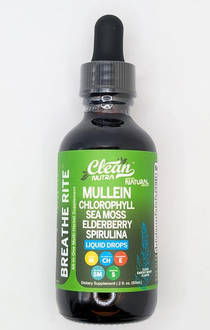 Clean Nutra Mullein Drops for Lungs Organic Chlorophyll Liquid Irish Sea Moss, Spirulina, Licorice, Tart Cherry Lobelia, Motherwort & Elderberry Mullein Leaf Extract Tincture Men Women Supplement