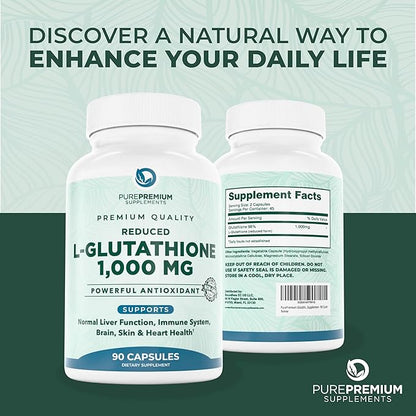 PurePremium Reduced Glutathione 1000mg Per Serving - 500mg Per Capsule – L-Glutathione Supplement & Antioxidant Support for Normal Liver, Brain, Skin & Heart Health – 90 Capsules