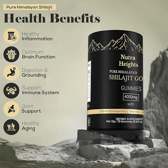 Himalayan Shilajit Gummies Gold – No Added Sugar – Ashwagandha, Gokshura, Fulvic Acid & 85+ Trace Minerals – Natural Supplement for Men & Women – 70 Vegan Gummies – Non-GMO & Organic