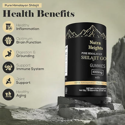 Himalayan Shilajit Gummies Gold – No Added Sugar – Ashwagandha, Gokshura, Fulvic Acid & 85+ Trace Minerals – Natural Supplement for Men & Women – 70 Vegan Gummies – Non-GMO & Organic