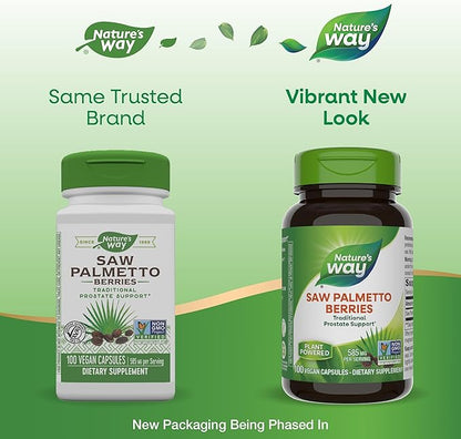 Nature's Way Saw Palmetto Berries, Traditional Prostate Support*, 585 mg per Serving, Non-GMO Project Verified, Vegan, 100 Capsules (Packaging May Vary)