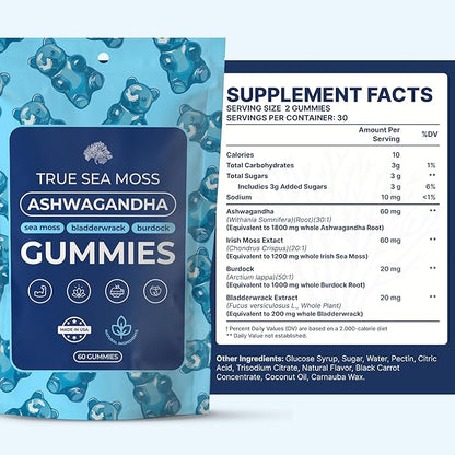 Ashwagandha Gummies for Women & Men – Vegan Herbal Blend with Sea Moss, Bladderwrack & Burdock, 60 Gummies in Pouch (30-Day Supply)