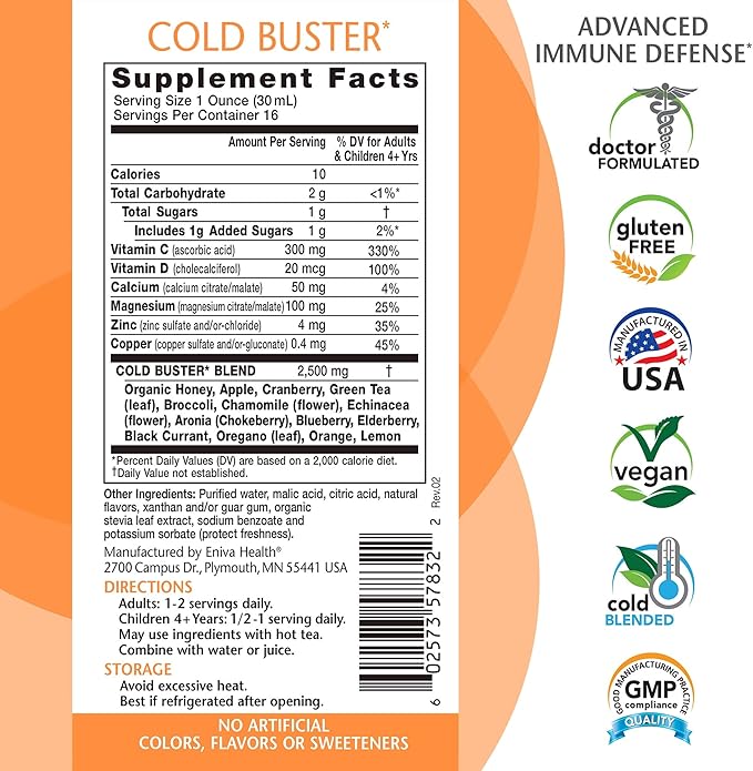 Eniva Elderberry Sambucus Immune Support Syrup, Vitamin C, Ionic ZINC, Vitamin D, Echinacea, Antioxidants & More, All-in-One Liquid, Low Carb, Low Sugar, Keto Friendly, Non-GMO & Gluten Free - 16 oz