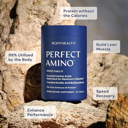 BodyHealth PerfectAmino (300 ct) Easy to Swallow Tablets, Essential Amino Acids Supplement with BCAAs, Vegan Protein for Pre/Post Workout & Muscle Recovery with Lysine, Tryptophan, Leucine, Methionine