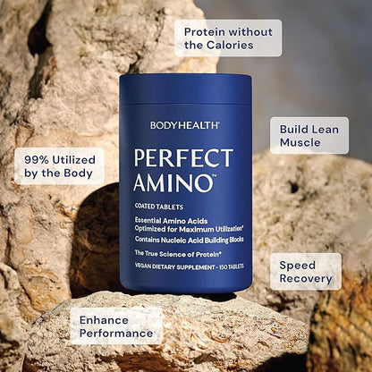 BodyHealth PerfectAmino (600 ct) Easy to Swallow Tablets, Essential Amino Acids Supplement with BCAAs, Vegan Protein for Pre/Post Workout & Muscle Recovery with Lysine, Tryptophan, Leucine, Methionine