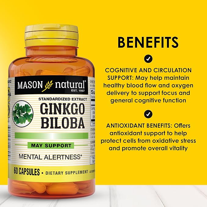 MASON NATURAL Ginkgo Biloba, Supports Brain Function & Mental Alertness, Herbal Supplement, 60 Capsules