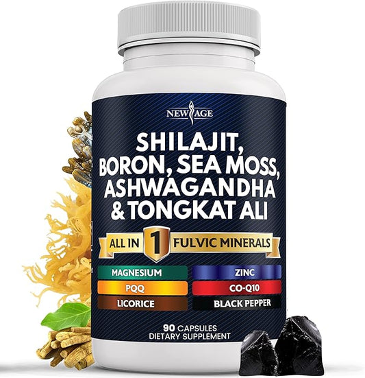 NEW AGE Shilajit Supplement with Sea Moss, Ashwagandha, Tongkat Ali, Boron, Magnesium - Fulvic Acid Capsules for Men - 90 Count