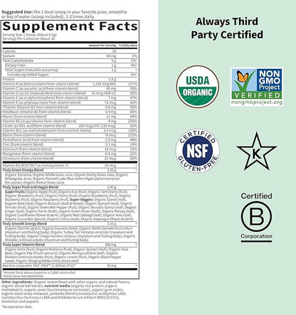 Garden of Life Sport Nutrition Greens and Superfoods Powder for Women and Men - Unflavored, Organic Blend - Spirulina, Fruit, Vitamins, Pre & Probiotics, Mushrooms, Athletic Supplements, 30 Servings