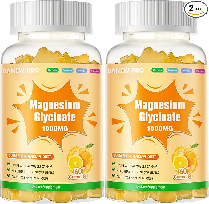 Magnesium Glycinate Gummies 1000mg - Sugar Free Magnesium Potassium Supplement with Vitamin D, B6, CoQ10 for Calm Mood & Sleep Support - 120 Orange Gummies