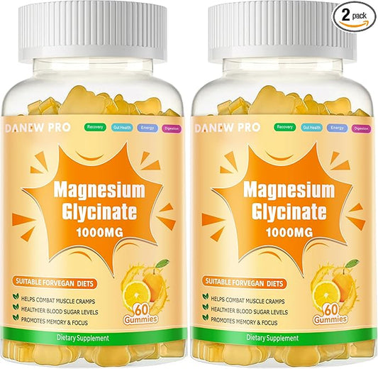 Magnesium Glycinate Gummies 1000mg - Sugar Free Magnesium Potassium Supplement with Vitamin D, B6, CoQ10 for Calm Mood & Sleep Support - 120 Orange Gummies