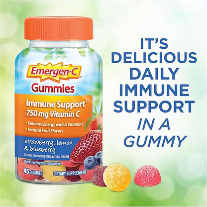 Emergen-C 750mg Vitamin C Gummies for Adults, Immune Support Gummies, Gluten Free, Strawberry, Lemon and Blueberry Flavors - 45 Count