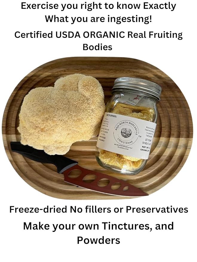 Freeze-Dried Lion's Mane Mushroom Fruiting Bodies | Can be rehydrated and cooked or used as supplement | Make into tincture, tea or powder | Grown in U.S.A | USDA Organic | in Vacuume Sealed Jar | 25 Year Shelf-Life