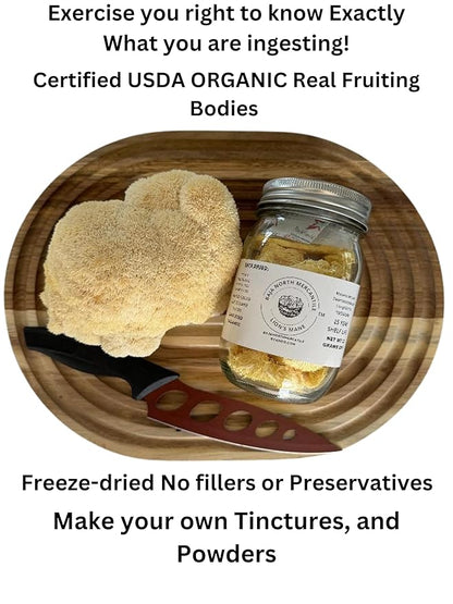 Freeze-Dried Lion's Mane Mushroom Fruiting Bodies | Can be rehydrated and cooked or used as supplement | Make into tincture, tea or powder | Grown in U.S.A | USDA Organic | in Vacuume Sealed Jar | 25 Year Shelf-Life