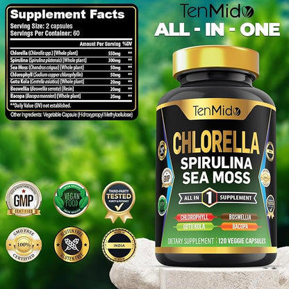 Organic Chlorella Supplement for Men and Women, 7in1 Formula with Spirulina, Sea Moss, Chlorophyll, Gotu Kola, Boswellia & Bacopa - Immune Support - Rich in Nutrient, Vitamins - 120 Capsules