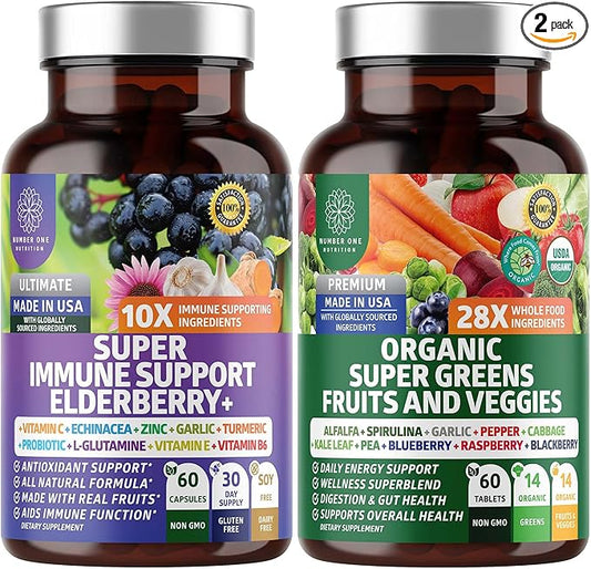 N1N Premium Organic Super Fruits & Veggies + Immune Support [38 Powerful Ingredients], Natural Super Greens Supplement with Alfalfa, Vitamins & Minerals, Zinc, Turmeric and Probiotic, 120 Caps