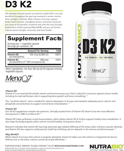 NutraBio Vitamin D3 K2 | 5000 IU D3 as Cholecalciferol with Vitamin K2 as MENA-Q MK7 (180mcg) | Support Bone and Heart Health | Non-GMO, Gluten Free, Lactose Free | 60 Vegetable Capsules