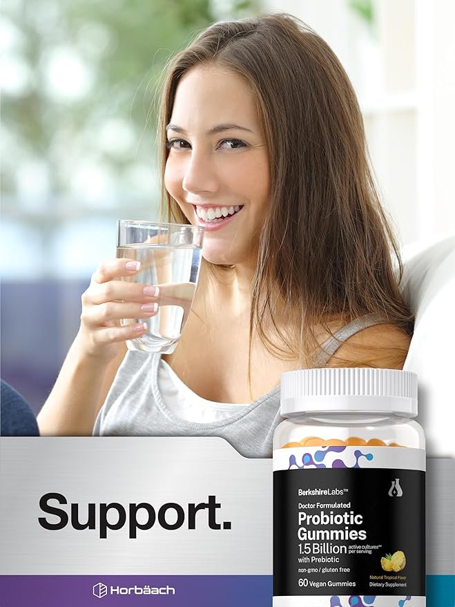Horbäach Probiotic Gummies | 60 Count | 1.5 Billion with Prebiotic | Adult Supplement for Women and Men | Doctor Formulated | Tropical Flavor | Vegan, Non-GMO, and Gluten Free | Berkshire Labs