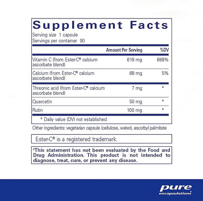 Pure Encapsulations Ester-C & Flavonoids - Vitamin C Supplement for Antioxidants - Immune & Vascular Support* with Calcium & Rutin - Gentle on Digestion - Vegan & Non-GMO - 90 Capsules