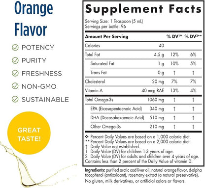Nordic Naturals Pro Arctic Cod Liver Oil, Orange - 16 oz - 1060 mg Total Omega-3s with EPA & DHA - Heart & Brain Health, Healthy Immunity, Overall Wellness - Non-GMO - 96 Servings