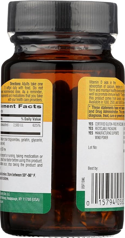 Country Life Vitamin D3 2500 I.U. Gluten-Free, 60 Softgels