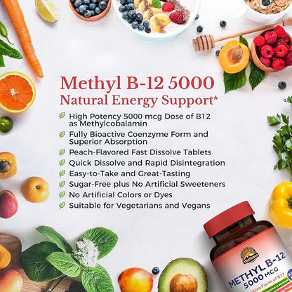 Vitalitown Vitamin B12 (Methyl B12) 5000 mcg, Fully Bioactive Form, Support Energy Production, Natural Peach Flavor, Zero Sugar, 240 Fast Dissolve Tablets