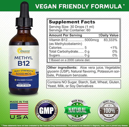 aSquared Nutrition Vitamin B12 Sublingual Liquid Drops - 5000 MCG Supplement with Methylcobalamin (Methyl B-12) - Max Absorption B 12 to Increase Energy - Vegan Friendly - 2 fl oz