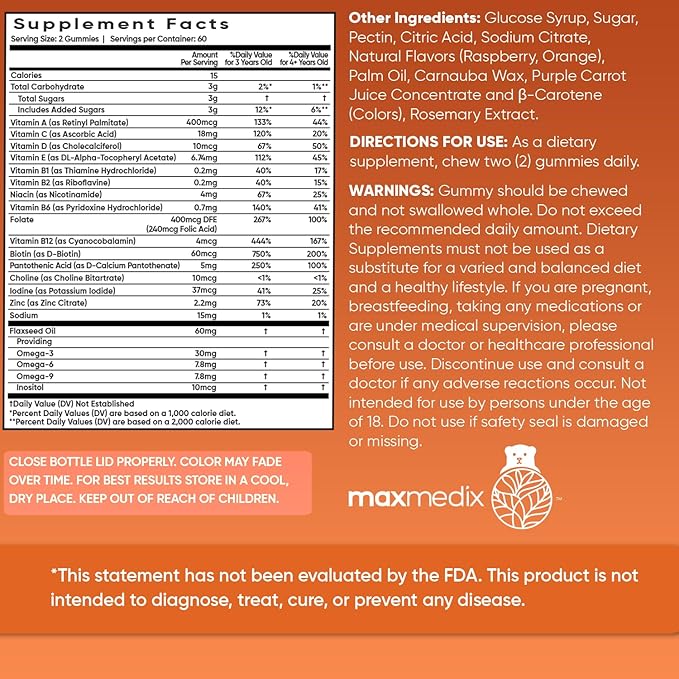 Kids Multivitamin Gummies & Omega 3, 6 & 9-120 Gummies (2 Months Supply) - for Healthy Immune System - Enriched with 12 Essential Vitamins - Natural Raspberry & Orange Flavor (3-12 Years)