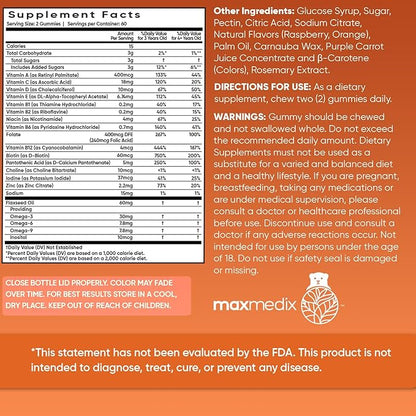 Kids Multivitamin Gummies & Omega 3, 6 & 9-120 Gummies (2 Months Supply) - for Healthy Immune System - Enriched with 12 Essential Vitamins - Natural Raspberry & Orange Flavor (3-12 Years)