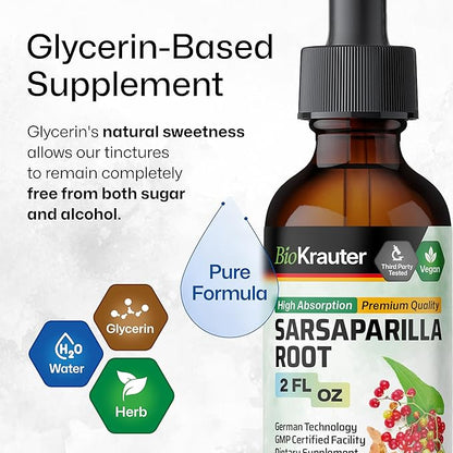 BIO KRAUTER Sarsaparilla Root Tincture - Herbal Liquid Extract Supplement for Liver Support - Alcohol & Sugar Free Vegan Drops 2 Fl.Oz.