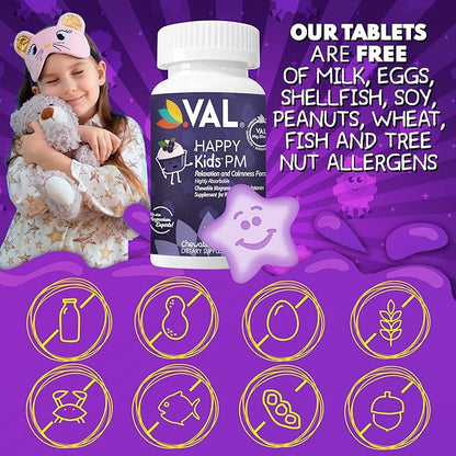 VAL Sugar-Free Calm Magnesium for Kids PM Chewable Tablets | Magnesium Glycinate, Citrate & Taurate | Melatonin & Vitamins B6 & C | Bedtime Support | Non-GMO | Blueberry Yogurt Flavor | 60 Count