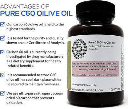 PureC60OliveOil C60 Organic Olive Oil Capsules Pills 100ml / 3.4 Fl Oz - 99.99% Carbon 60 Solvent Free 80mg - Food Grade - Carbon 60 Olive Oil - From The Leading Global Producer