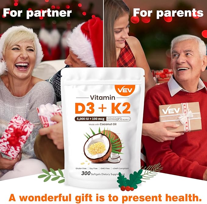 VEV Vitamin D3 K2, 5000 IU D3 100mcg K2 (MK 7), 300 Softgels, 2-in-1 Vitamin D & K Supplement with Coconut Oil, Supports Calcium Absorption and Bone Health, Easy to Swallow