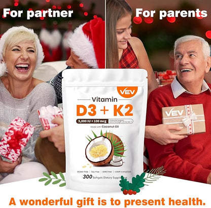 VEV Vitamin D3 K2, 5000 IU D3 100mcg K2 (MK 7), 300 Softgels, 2-in-1 Vitamin D & K Supplement with Coconut Oil, Supports Calcium Absorption and Bone Health, Easy to Swallow