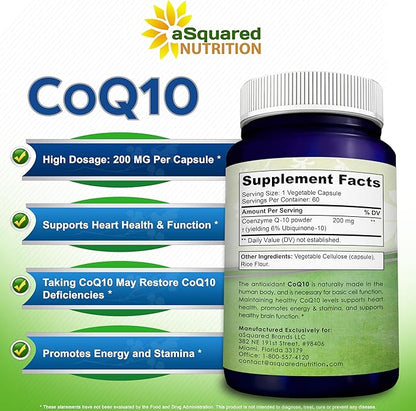 aSquared Nutrition CoQ10 200mg - 60 Capsules - CO Q 10 Supplement - Coenzyme Q10 Ubiquinone Pills - Vegan CoQ-10 Extra Antioxidant Vitamin - Alternative to Softgels & Gummies
