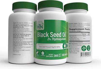Health Thru Nutrition Black Seed Oil 500mg (Pack of 3X 360 Softgels) | High Potency 2% Thymoquinone | 3rd Party Tested | Pure Cold Pressed | Organically Gown | Non-GMO, Gluten Free, Soy Free
