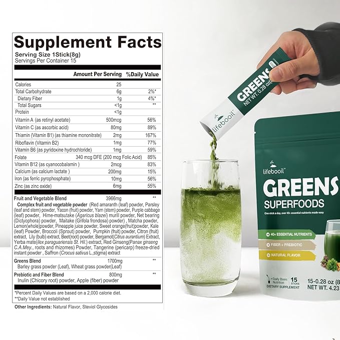 Greens Superfood Powder Packets, 0 Sugar, 40+ Superfoods Drink Mix, Fiber, Prebiotics, Red Ginseng & Saffron, Daily Live It Up Super Greens Powder, Immune Support & Energy, Unflavoured, 15 Packets