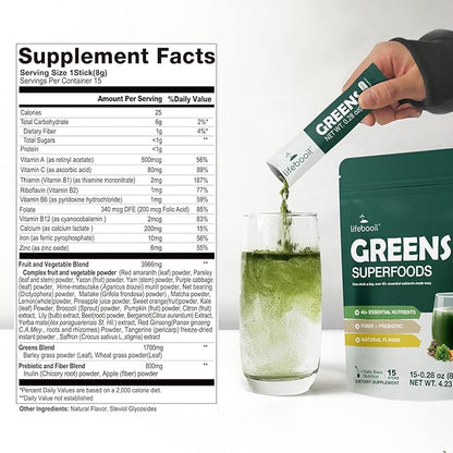 Greens Superfood Powder Packets, 0 Sugar, 40+ Superfoods Drink Mix, Fiber, Prebiotics, Red Ginseng & Saffron, Daily Live It Up Super Greens Powder, Immune Support & Energy, Unflavoured, 15 Packets