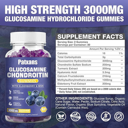1 Pack 3000MG Glucosamine Chondroitin Gummies - Extra Strength Joint Health & MSM Elderberry Natural Joint Support Supplement, Flexibility, Antioxidant Immune Support for Adults, 60 Gummies.