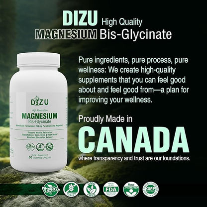 Dizu - Magnesium Bisglycinate 200 mg, Pure Elemental Chelated Complex, Supports Sleep, Muscle, Bone, Heart & Energy Metabolism, with Glycine & Oxide, Vegetable Capsules