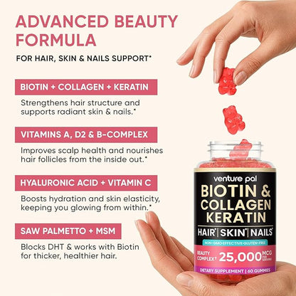 Venture Pal Biotin Gummies with Collagen & Keratin - Hair Growth Support Skin and Nail Strength Vitamins for Women & Men - Biotin 10000mcg | B-Complex | Saw Palmetto - Sugar Free, Non-GMO, 60ct