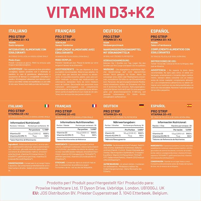 PROSTRIP® Vitamin D3 + K2 – 30 Oral Vegan Strips – Premium Ingredients Vitashine® Vitamin D3 2000IU & VitaMK7® Vitamin K2 75mcg - No Water Needed by Prowise Healthcare