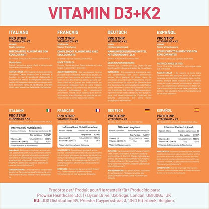 PROSTRIP® Vitamin D3 + K2 – 30 Oral Vegan Strips – Premium Ingredients Vitashine® Vitamin D3 2000IU & VitaMK7® Vitamin K2 75mcg - No Water Needed by Prowise Healthcare