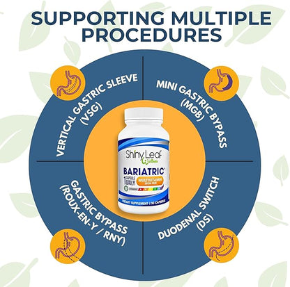 Shiny Leaf Bariatric Multivitamin Without Iron - Vitamins for Gastric Bypass & Sleeve, 1 Daily Capsule W Vitamin A, C, D, Biotin, Zinc, B12, K, Vegetarian, Soy-Free, GMP Cert., Made in USA (60 Ct.)