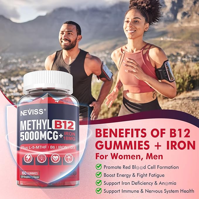 Iron 18mg + B12 Vitamins 5000 mcg Gummies for Adults Women & Men - w/Ultra Strength Active Methyl B-12, L-MethylFolate & B6 (P5P) - Carbonyl Iron Supplement Gummy for Energy, Immune & Focus,120Cts
