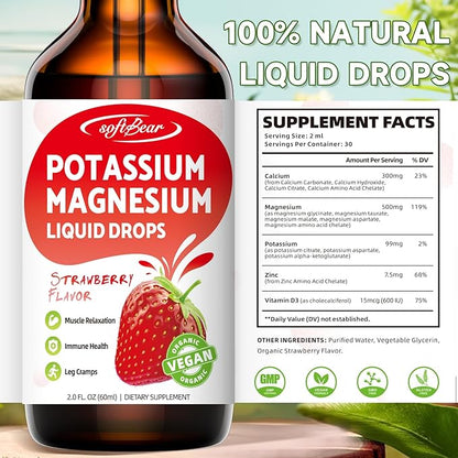 softbear 2 Pack Calcium Potassium Magnesium Liquid Drops, High Absorption Calcium Magnesium Potassium Supplement Support Bone & Muscle Health Liquid Magnesium Drops Strawberry Flavor 4 Fl Oz